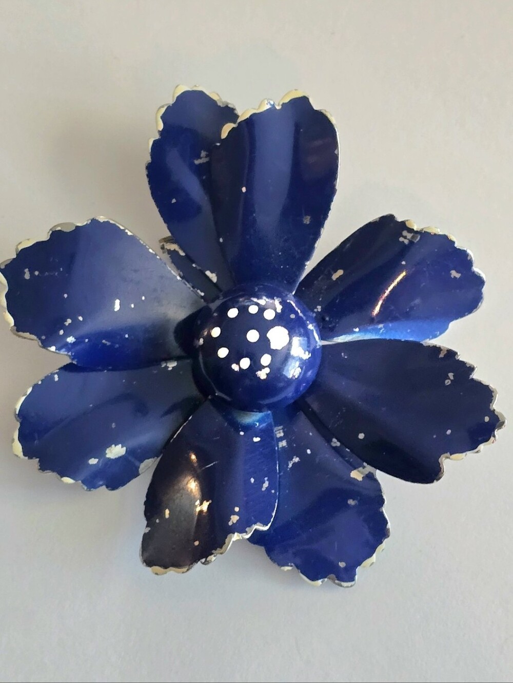 Vintage flower brooch enamel blue silver tone flower power big pin